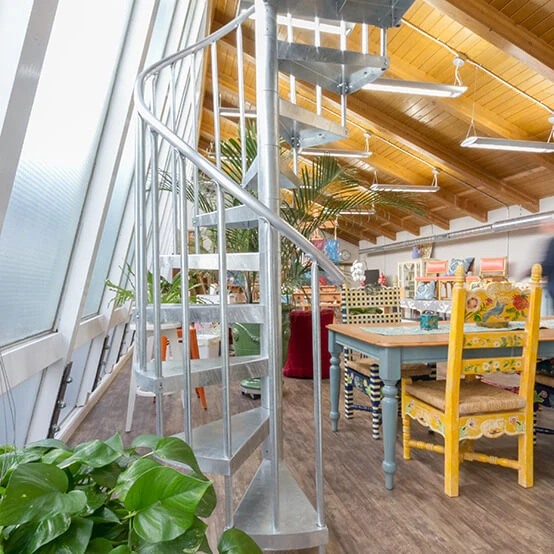indoor galvanized spiral staircase to loft