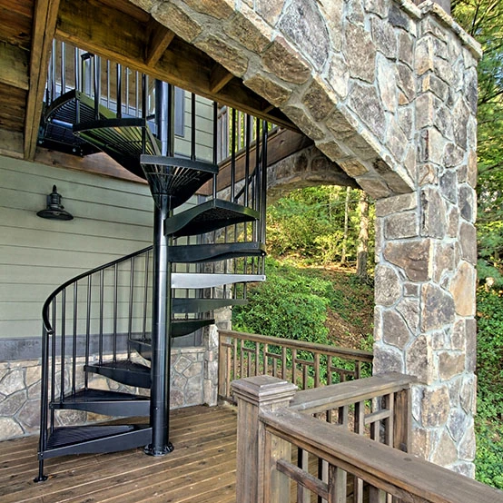 all aluminum spiral staircase on lake house deck