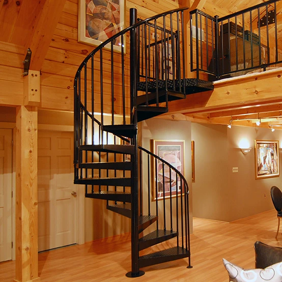 steel spiral staircase in timberframe cabin