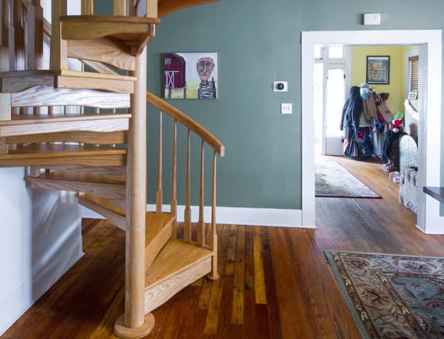 wood spiral staircase in home