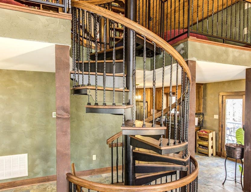 multi level living room spiral staircase