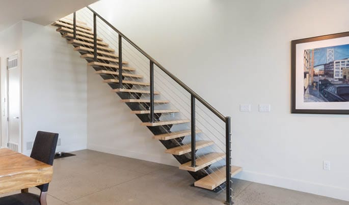 mono stringer straight stairs with wood treads steel railing