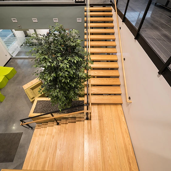 large dual stringer floating staircase in office lobby