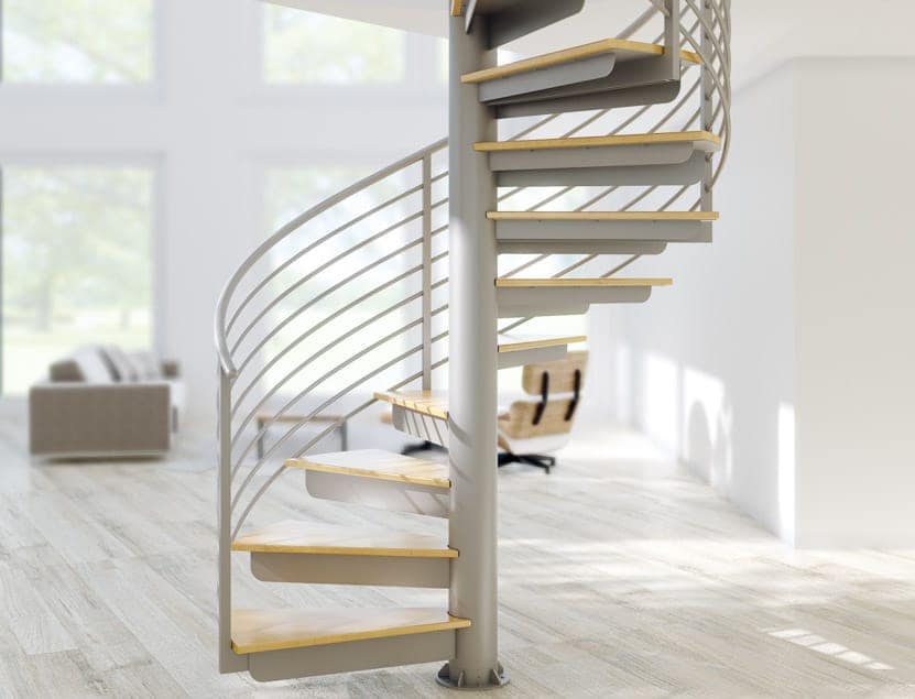 steel spiral stair in a modern living room
