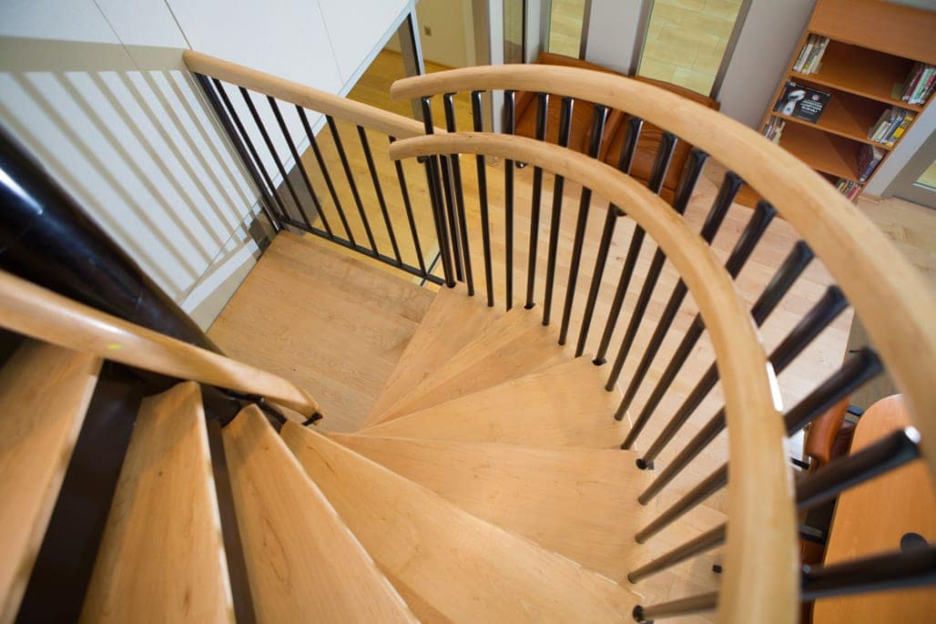 custom office steel spiral stair with wood treads