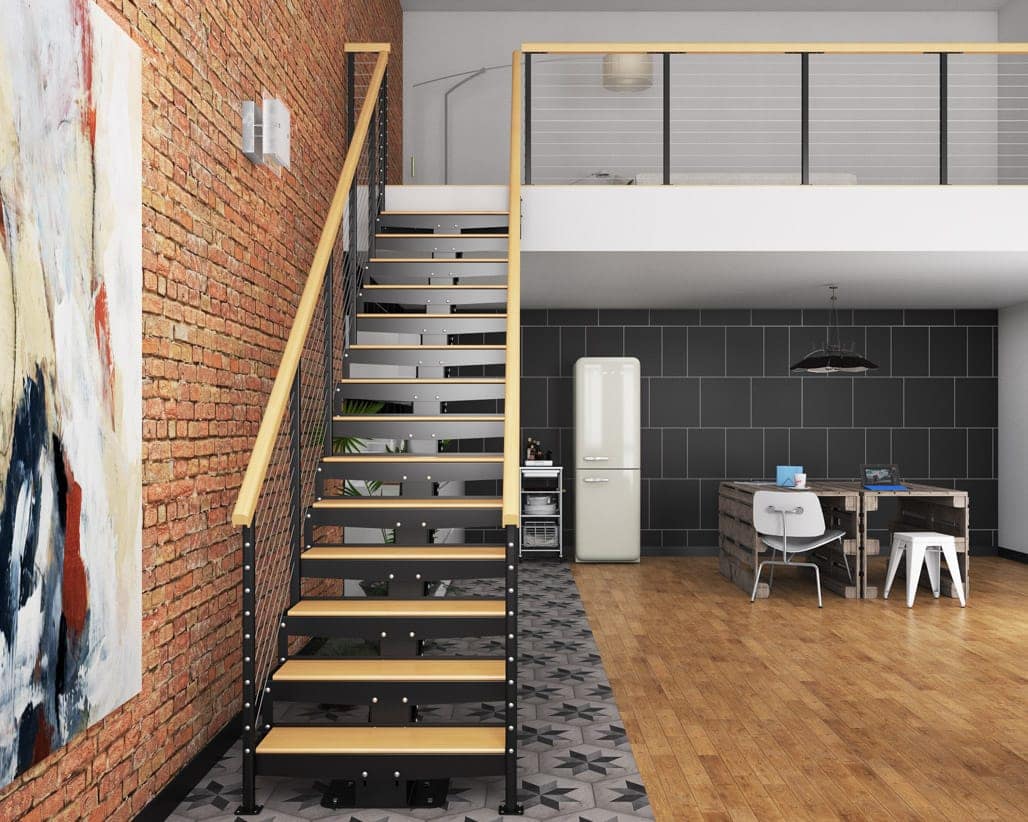 metal and wood floating stair to loft