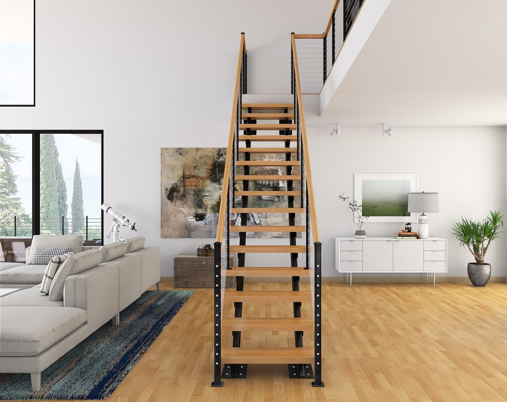 double stringer steel straight stairs with wood treads