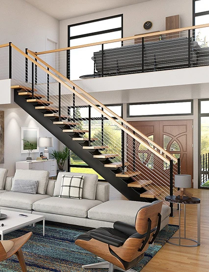 dual stringer floating staircase in living room