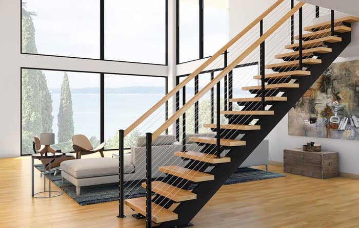 floating staircase with solid wood accents