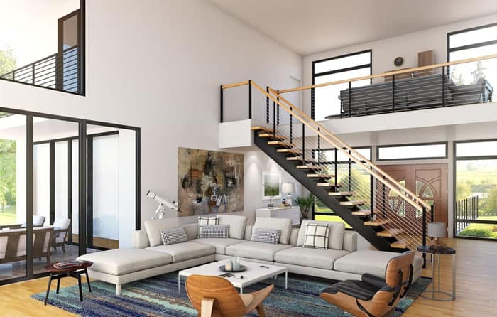 modern living room with a floating staircase