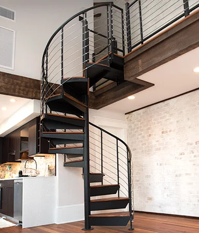 steel spiral staircase with line rail