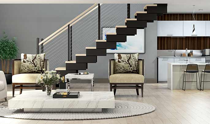 modular steel frame living room straight stairs