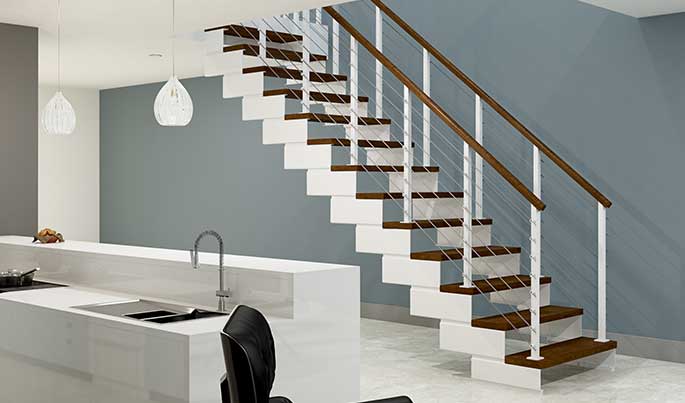 white indoor straight floating staircase