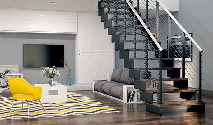 floating living room straight stairs with stainless line rails