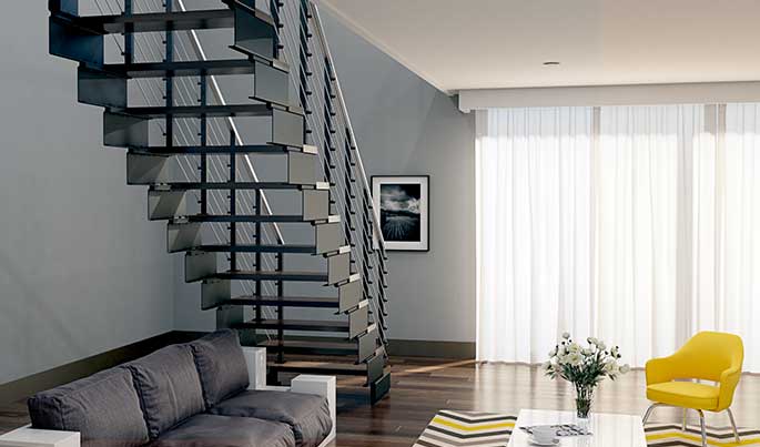 living room steel floating straight stairs