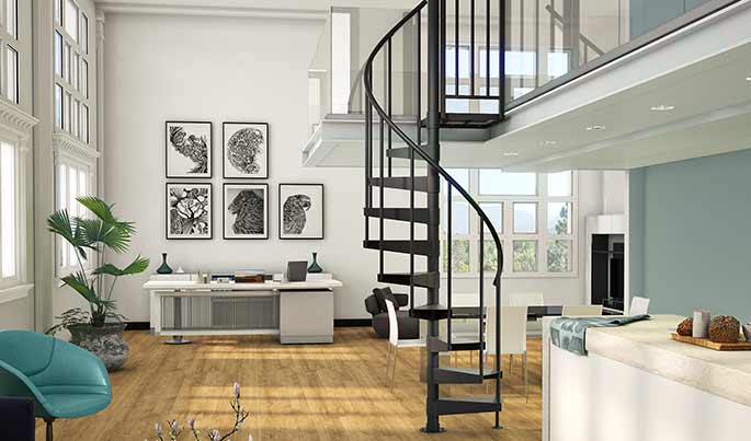 modern apartment loft with spiral staircase