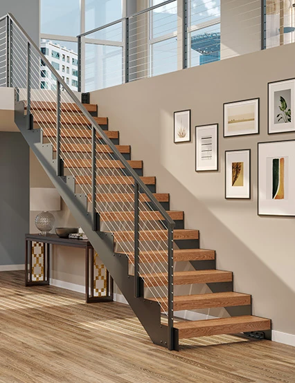 The Lauren Plate Stringer Stair - floating staircase with half sawtooth side stringers and thick solid wood treads