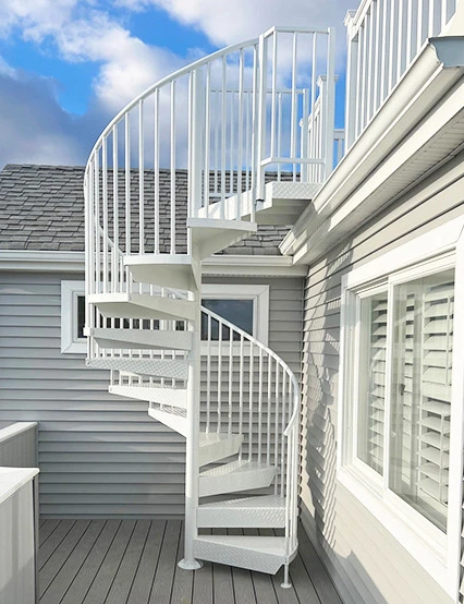 white powdercoated aluminum spiral stair with textured treads to rooftop deck