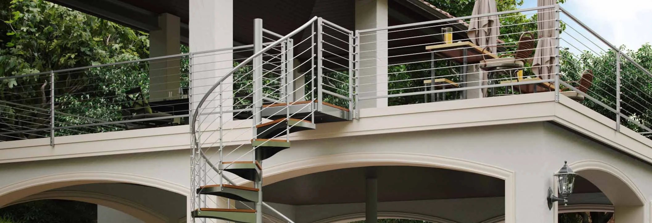 aluminum spiral stair with ss line rail on deck