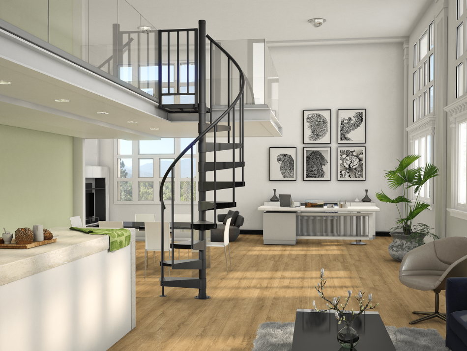 The Charles spiral staircase with adjustable height, featuring a ready-to-ship primed black finish installed in a modern interior.