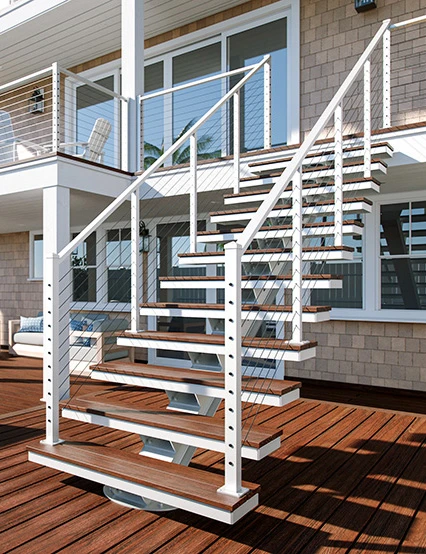 outdoor mono stringer floating stair with composite treads to match deck