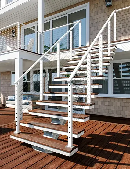 outdoor mono stringer floating stair with composite treads to match deck