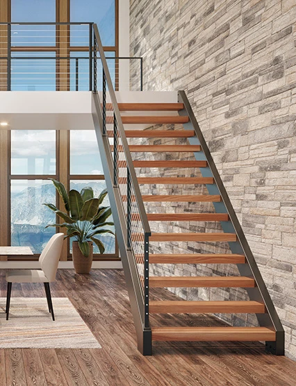 side stringer floating stair with solid wood treads