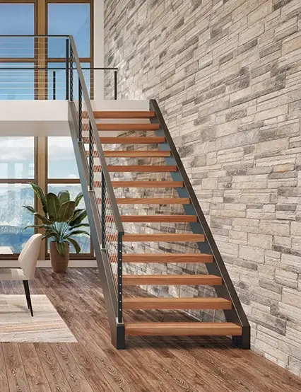side stringer floating stair with solid wood treads