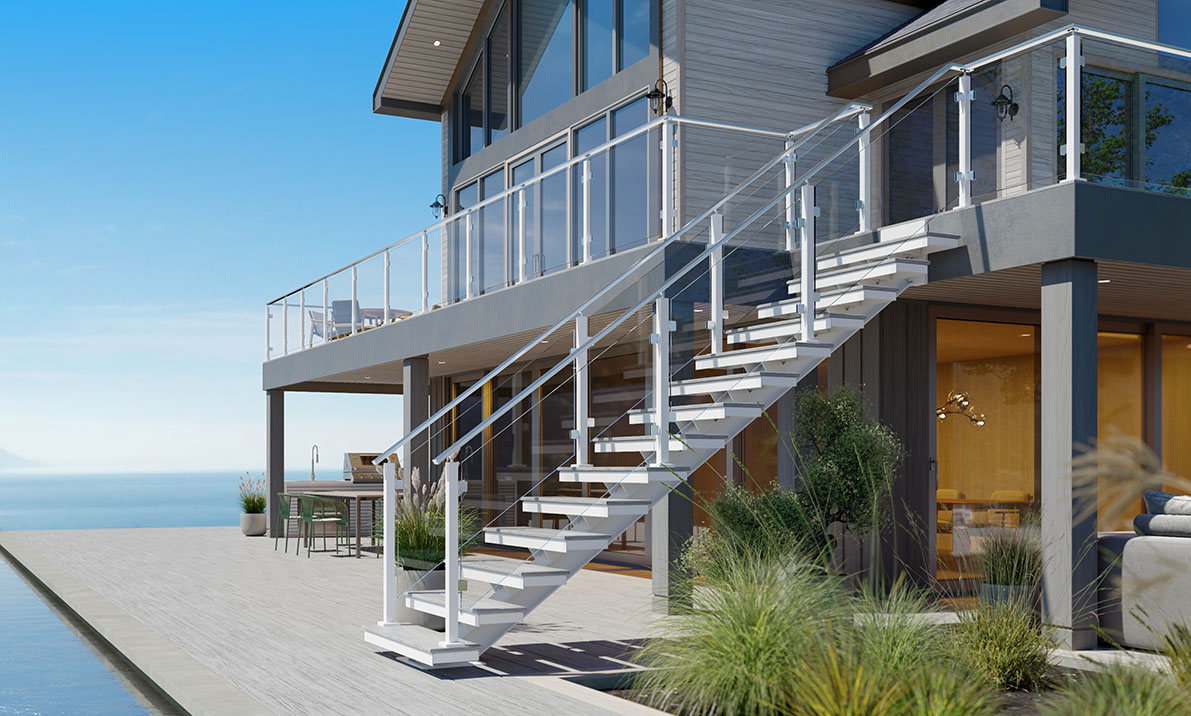 outdoor floating stair at coastal house