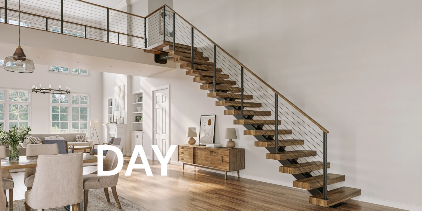 floating staircases with integrated tread lighting during the day