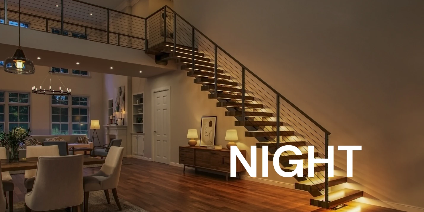 floating staircases with integrated tread lighting during the night