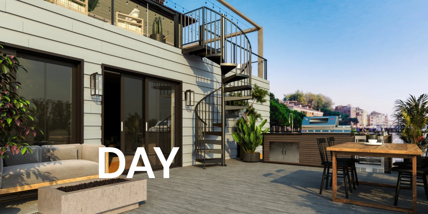 outdoor aluminum spiral staircase to rooftop deck with integrated tread lighting during the day