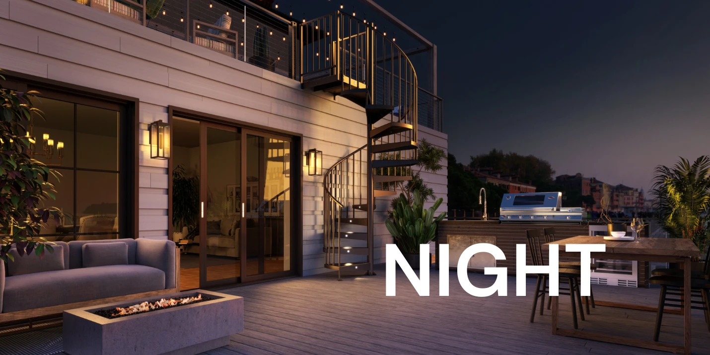 outdoor aluminum spiral staircase to rooftop deck with integrated tread lighting during the night