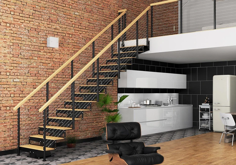 modular stair kit in urban loft with exposed brick walls and office space