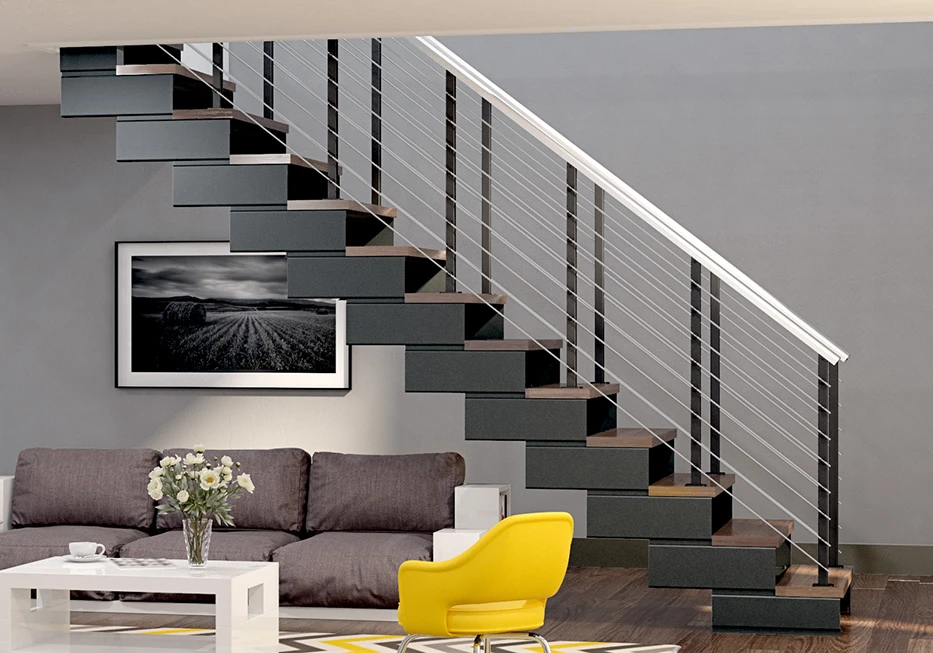 modular frame staircase kit with wood treads in modern loft apartment