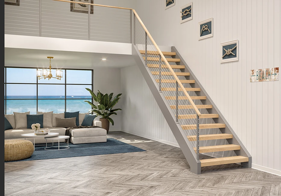 side stringer floating stair with cable rail in a coastal home
