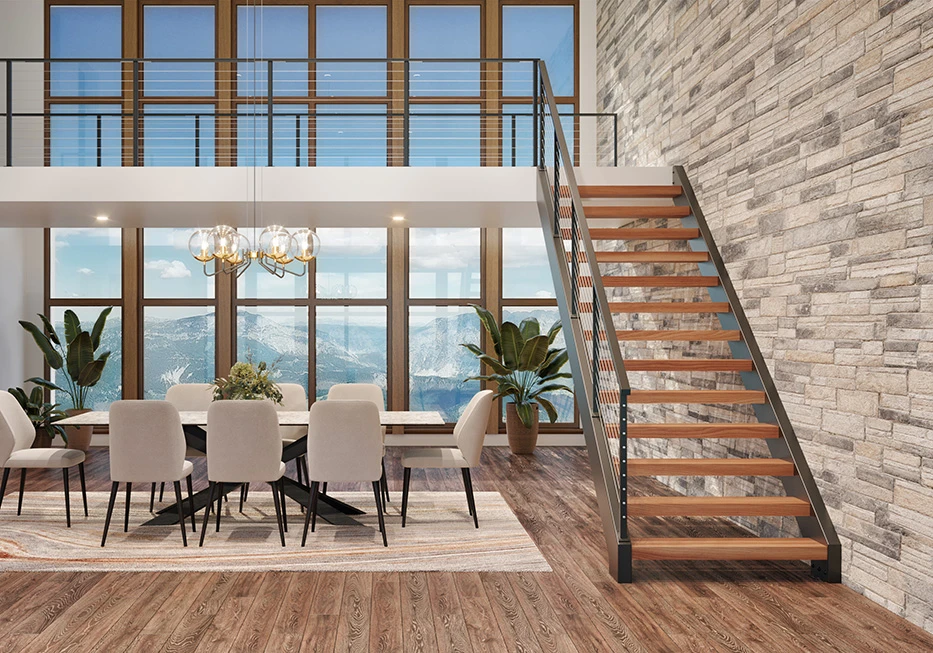 side stringer floating staircase from loft to dining area with large windows