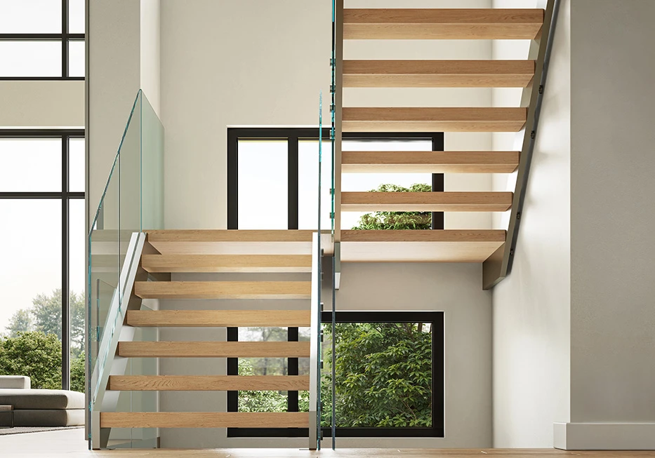 side stringer floating stair with middle platform in modern home