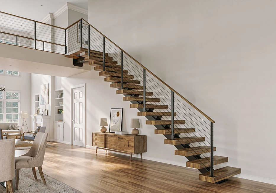 mono stringer floating staircase in open modern home