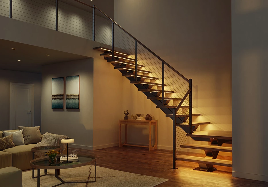 floating staircase with built in lighting and a turn platform