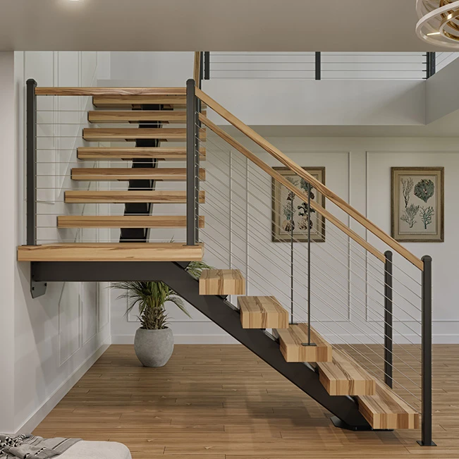 mono stringer floating staircase with a 90 degree turn platform