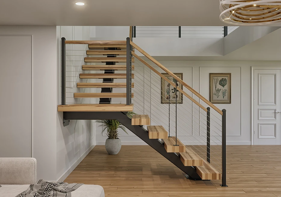 mono stringer floating staircase with a 90 degree turn platform