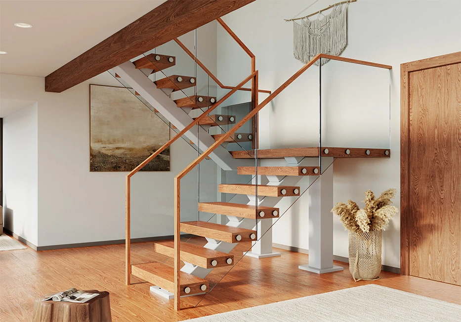modern mono stringer floating staircase with glass railing in rustic home with matching wood accents