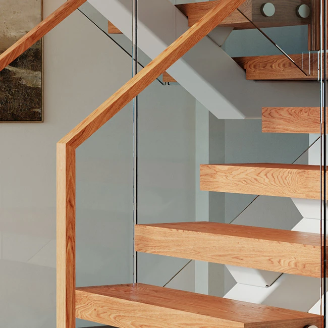 mono stringer floating staircase with continuous wooden handrail