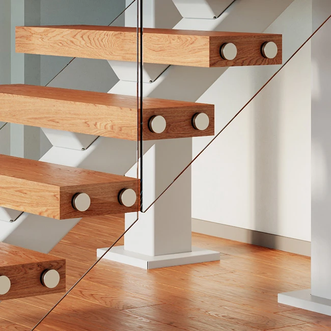 glass railing connection on a floating staircase with wood treads