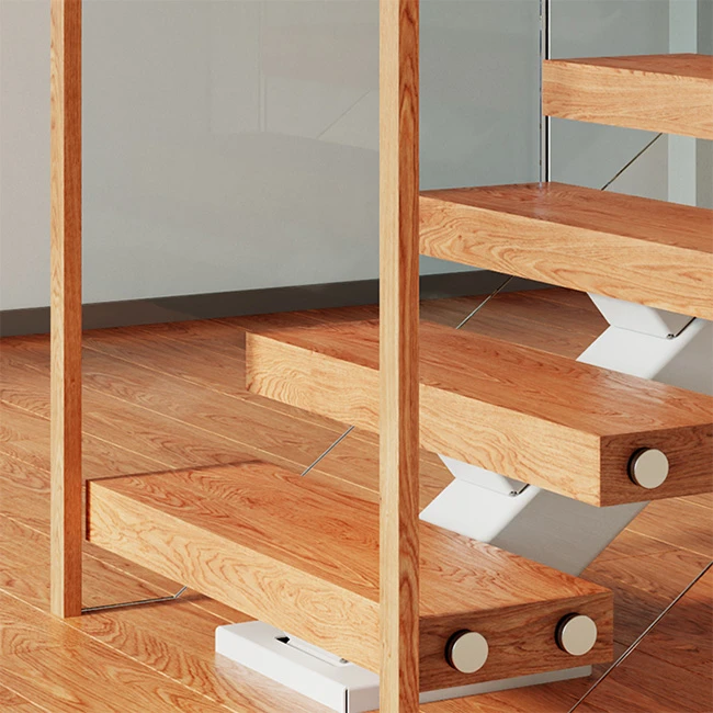 floating staircase with glass railing and wooden treads