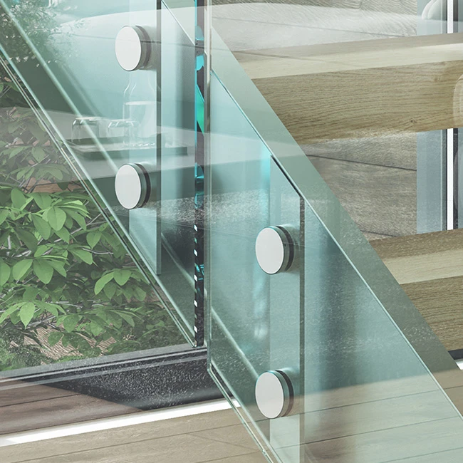 glass railing connection to floating staircase