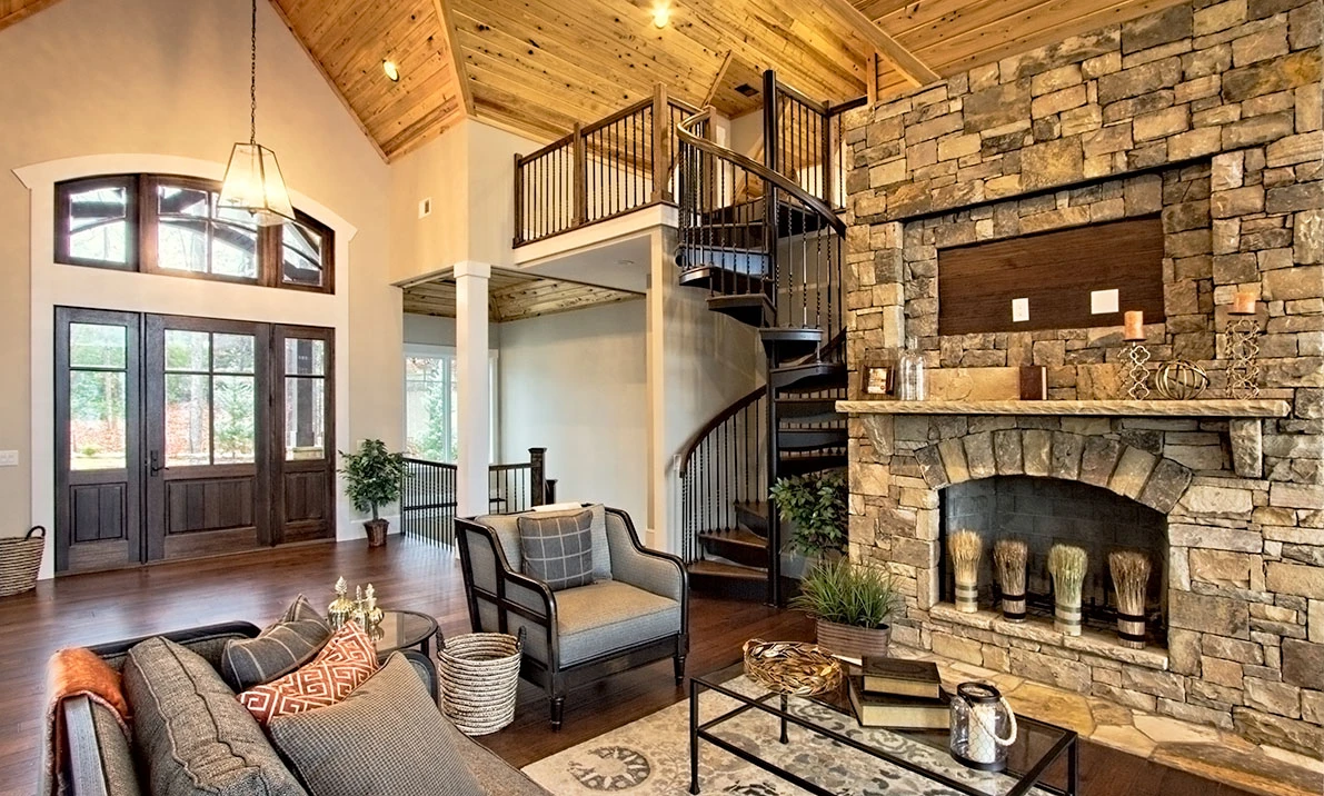living room spiral stairs