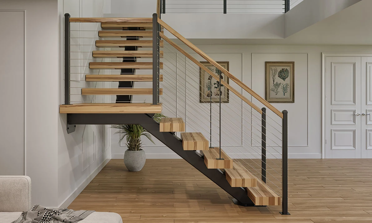 steel stringer floating staircase with wood treads and turn platform