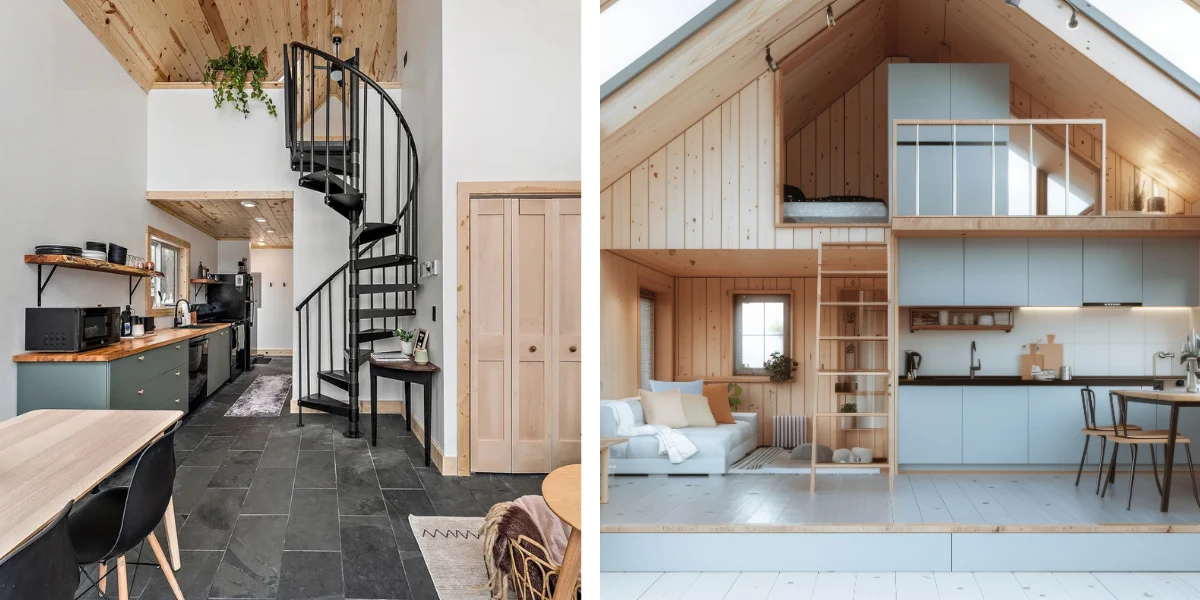 side by side comparison of a spiral stair and a loft ladder